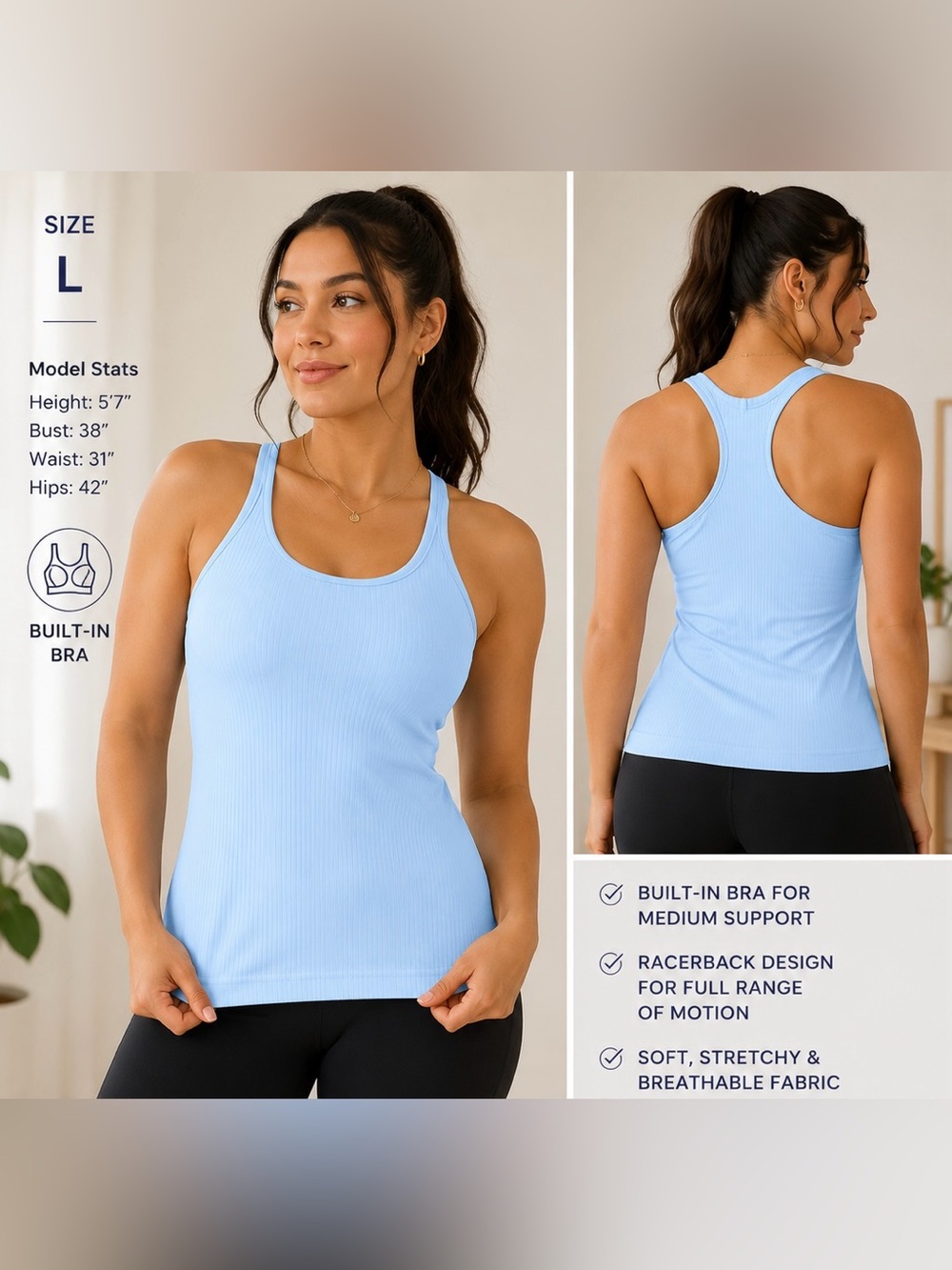 Sz L CloudFit Ribbed Tank with Built-In Bra – Baby Blue